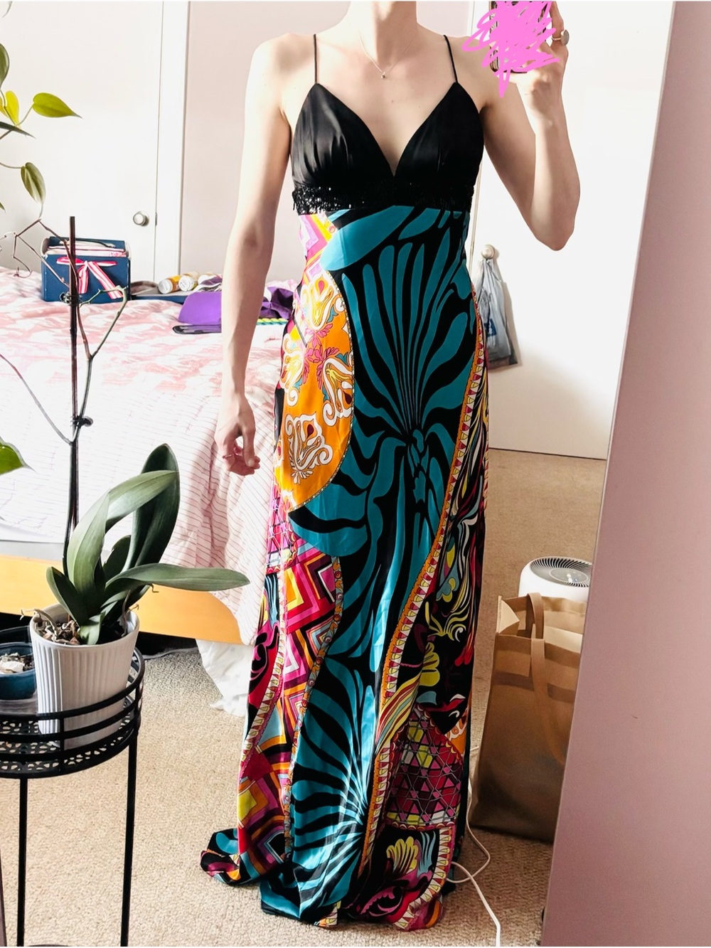Faviana Couture Black Teal Orange Paisley Dress